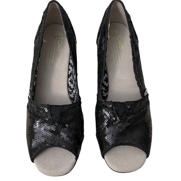 TOMS BLACK SEQUIN WEDGE 3”‎ heel SLIP ON SHOES size women’s 6.5 - Picture 3 of 9